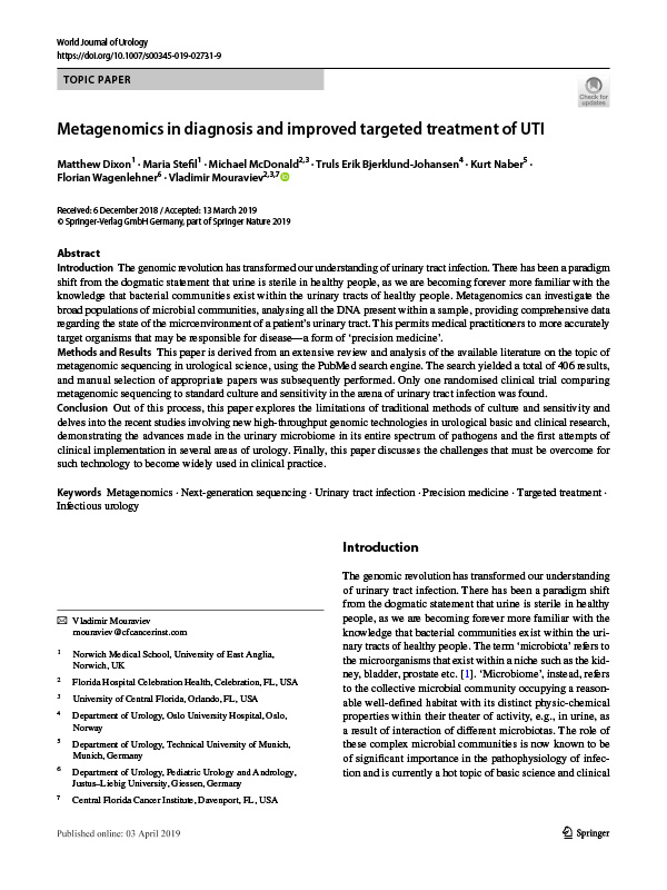 Metagenomis in Diagnosis and Improved Targeted Treatment of UTI published