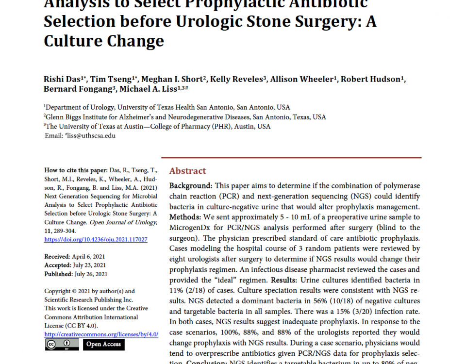 Next Generation Sequencing for Microbial Analysis to Select Prophylactic Antibiotic Selection before Urologic Stone Surgery A Culture Change Icon