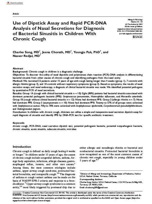 Use of Dipstick Assay and Rapid PCR-DNA Analysis of Nasal Secretions for Diagnosis of Bacterial Sinusitis in Children With Chronic Cough