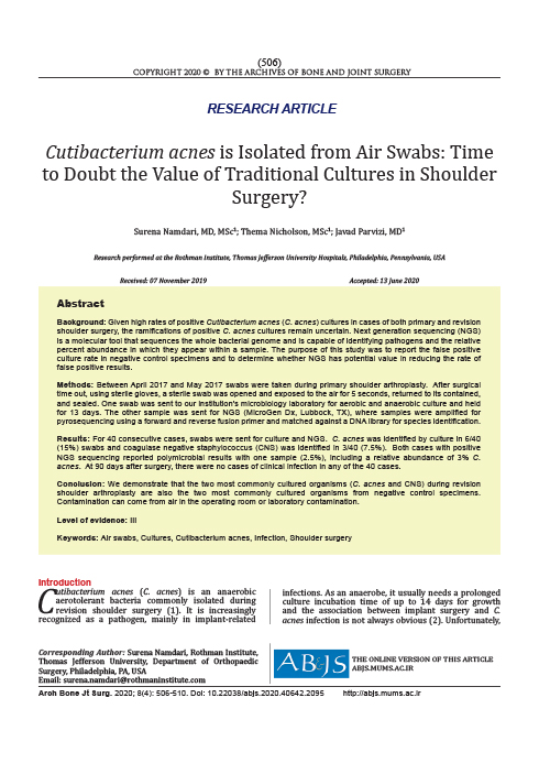 Cutibacterium acnes is isolated from Air Swabs - Time to Doubt the Value of Traditional Cultures in Shoulder Surgery?