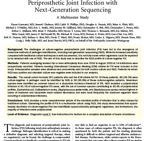 An Enhanced Understanding of Culture-Negative Periprosthetic Joint Infection with Next-Generation Sequencing A Multicenter Study