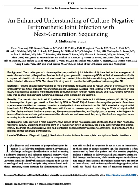 An Enhanced Understanding of Culture-Negative Periprosthetic Joint Infection with Next-Generation Sequencing A Multicenter Study