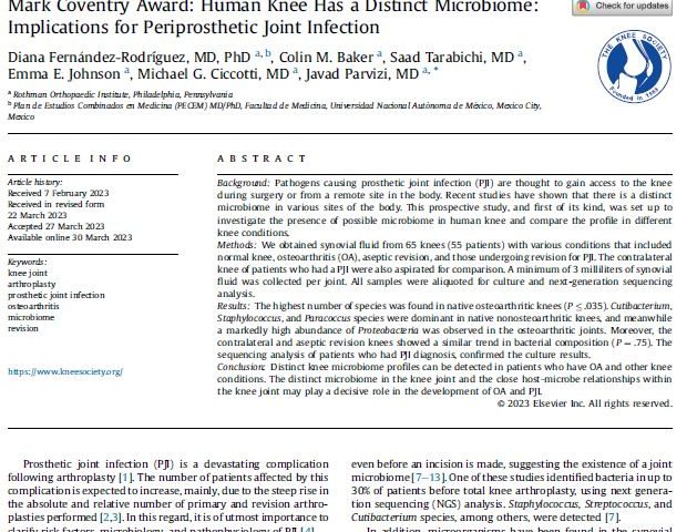 Mark Coventry Award: Human Knee Has a Distinct Microbiome: Implications for Periprosthetic Joint Infection